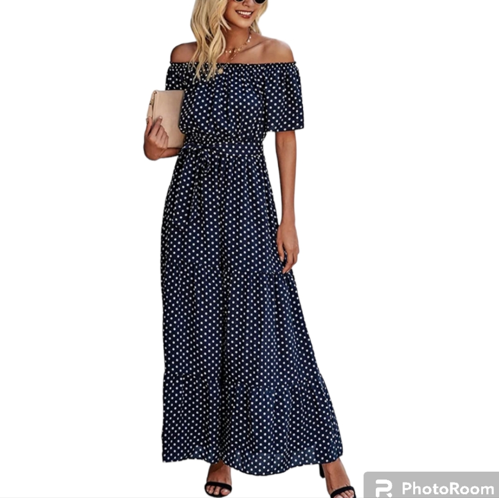Off-Shoulder Navy Polka Dot Maxi Dress - Elegant Summer Style